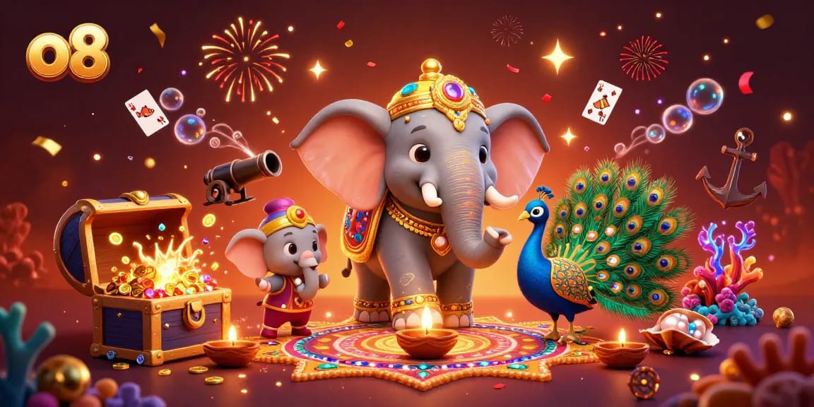 Experience vibrant casino action with the o8 elephant and peacock in a dynamic setting.