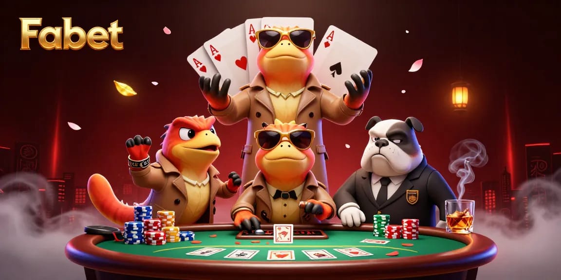 Fabet showcases raptors trying to enter a VIP casino, surrounded by poker elements.