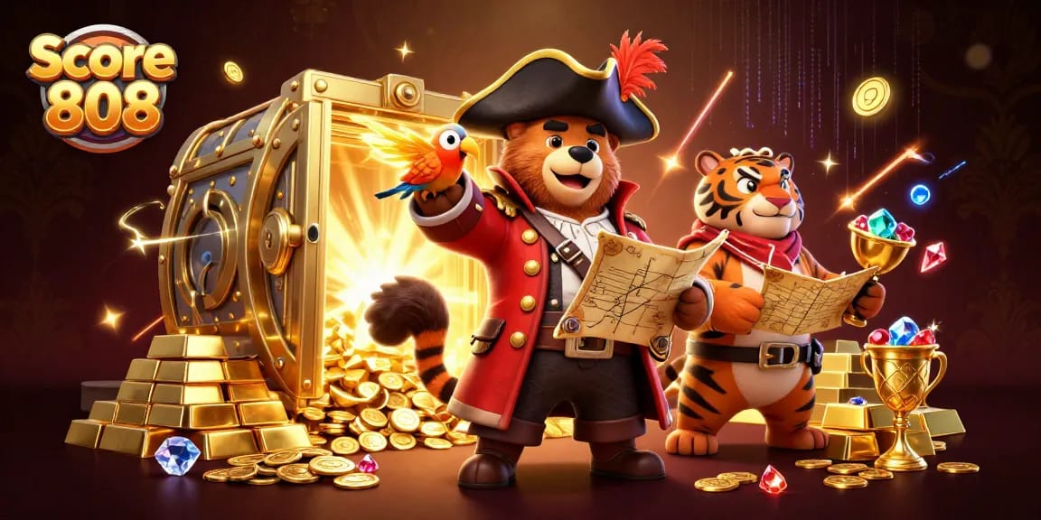 Score 808 captivates with a pirate-themed illustration showcasing thrilling treasure adventures and gaming excitement.