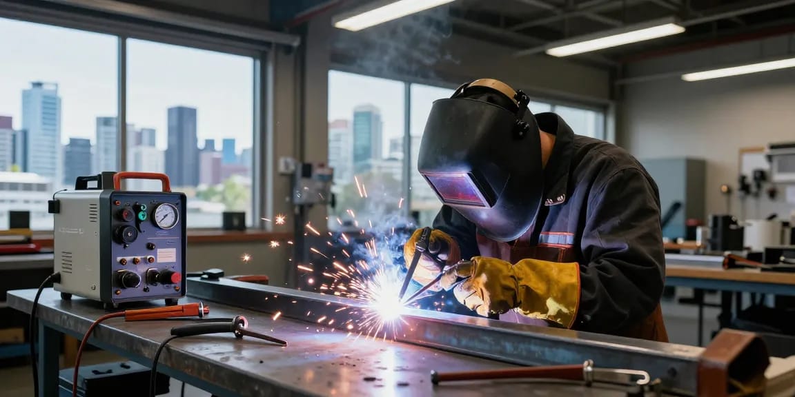 Welding in Vancouver – skilled welder performing MIG welding in a vibrant workshop.