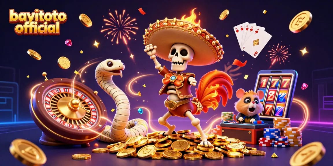 Players enjoying bayitoto official with a vibrant casino celebration scene featuring golden coins and festive characters.