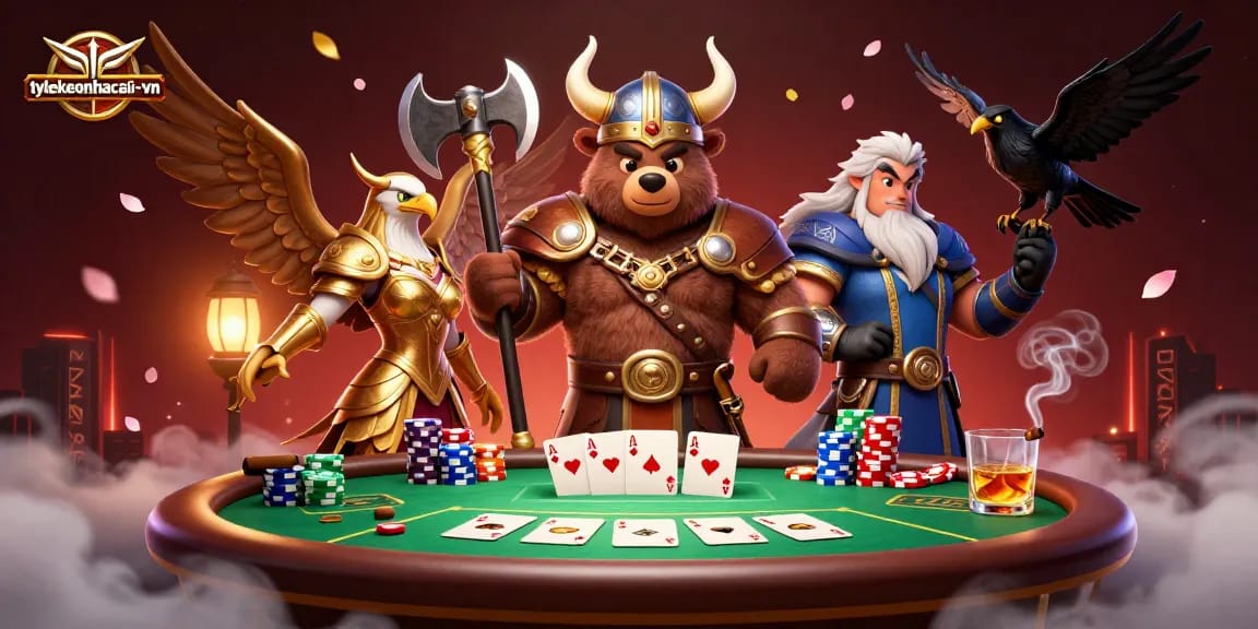 Experience the vibrant dynamic scene of tylekeonhacai-vn featuring a Viking bear and a Valkyrie eagle at the poker table.