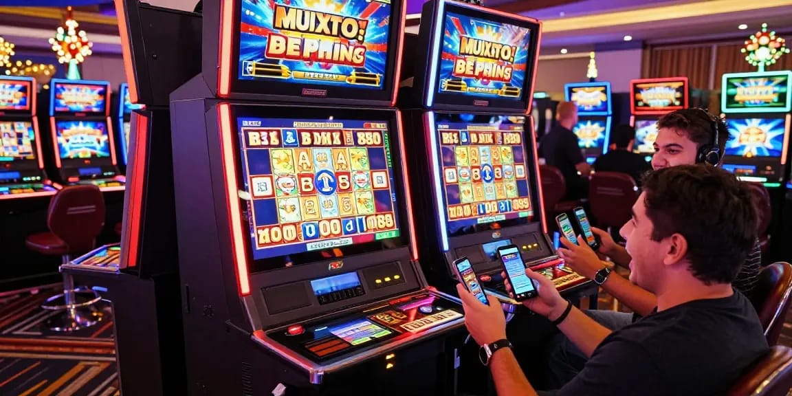 Players enjoying bonus buy slots with vibrant visuals in a lively casino atmosphere.