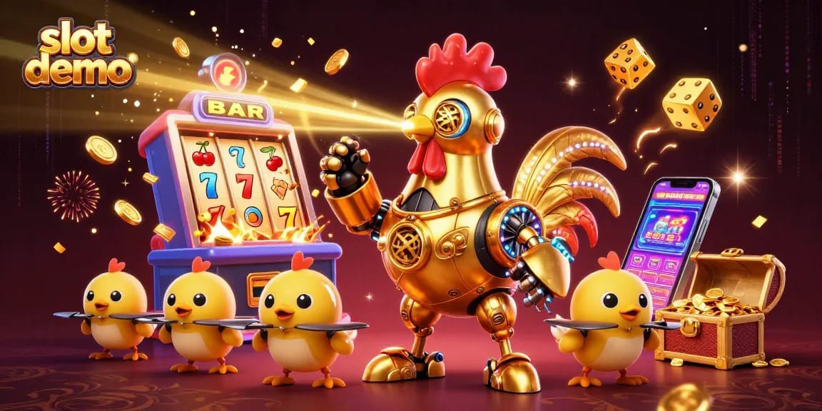 Gacor123 menawarkan slot demo dengan ilustrasi robot ayam emas dan mesin slot yang memukau.