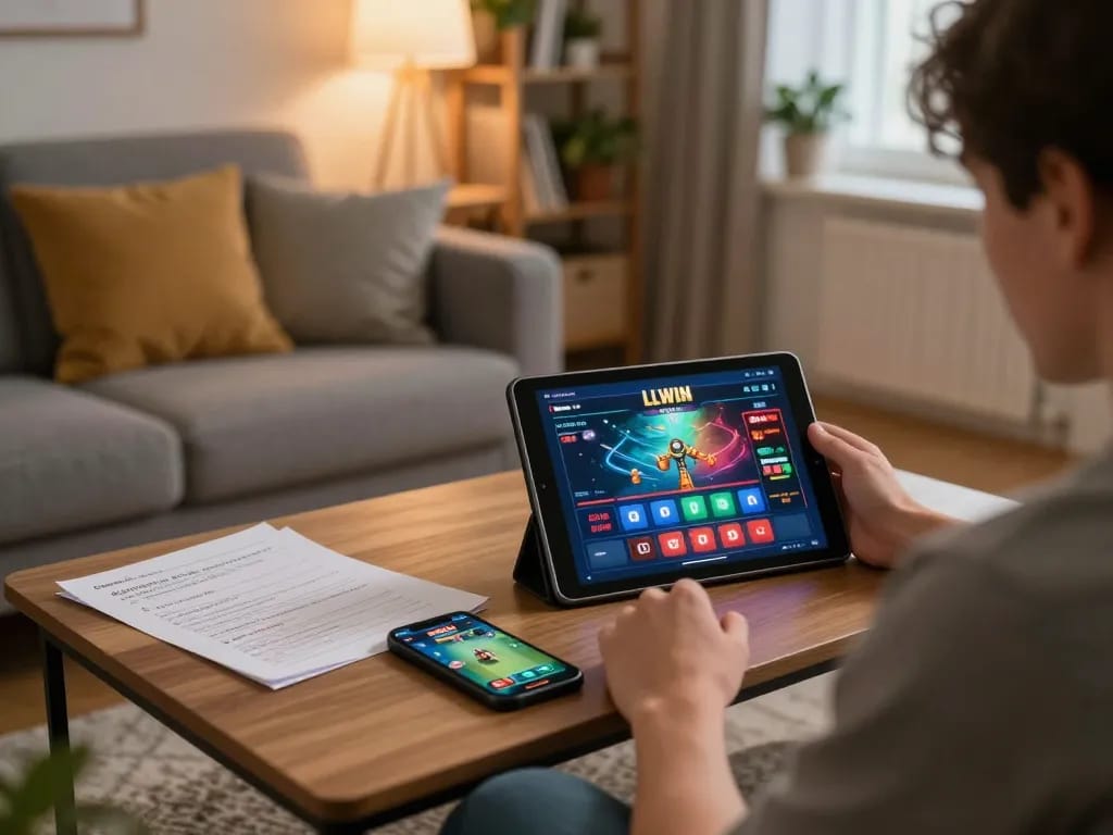Player engaging with the LLWIN casino interface on a tablet in a cozy home setup