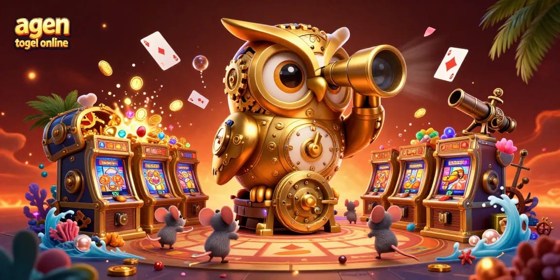 Engage with agen togel online amidst a dynamic casino scene featuring a golden owl and treasures.