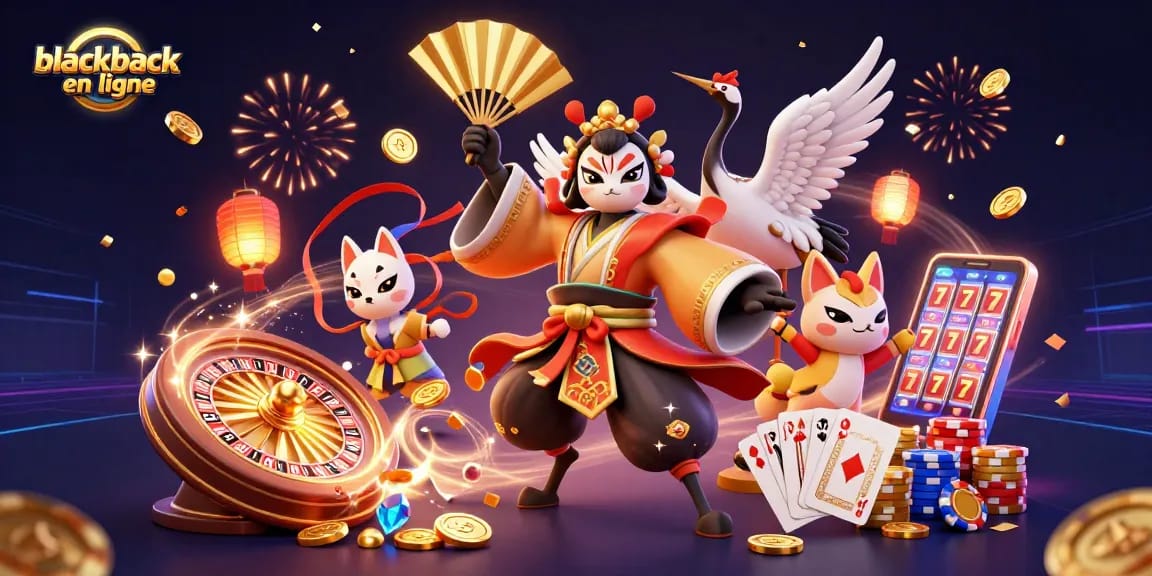 Profitez du blackjack en ligne dans une scène dynamique avec des personnages captivants et des éléments de jeu.