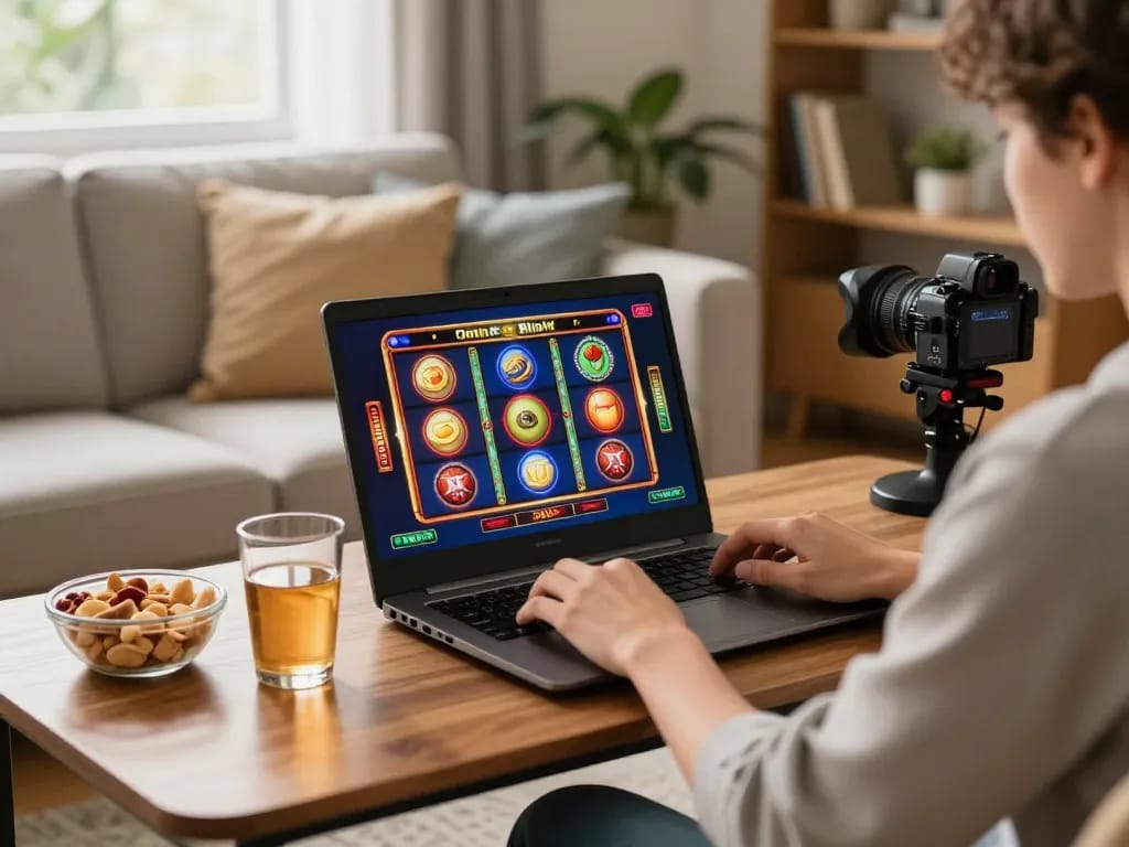 Player engaging in online slots at home on TR88, showcasing vibrant game graphics and a cozy atmosphere.