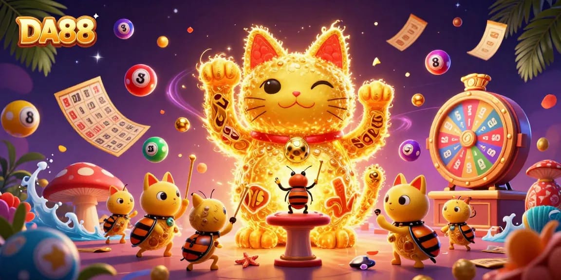 Experience thrilling gameplay with DA88's dynamic casino symbols in a vibrant 3D scene.