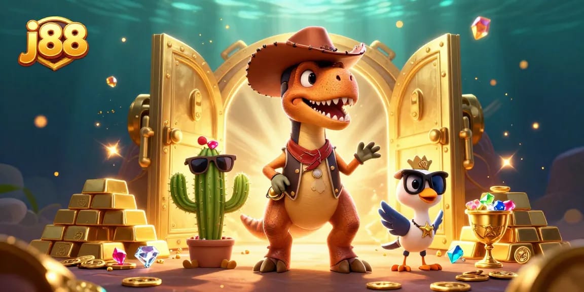Experience thrilling action with j88 as characters celebrate in a treasure-filled casino.