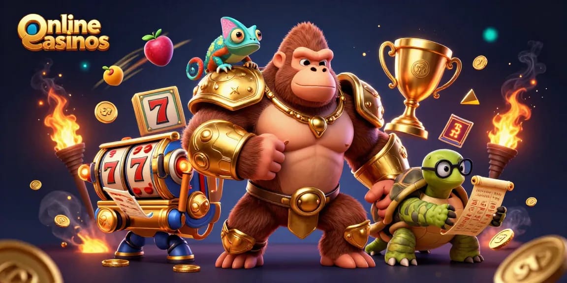 Engaging online casinos scene showcasing a gorilla king, chameleon, and tortoise among dynamic slot elements.