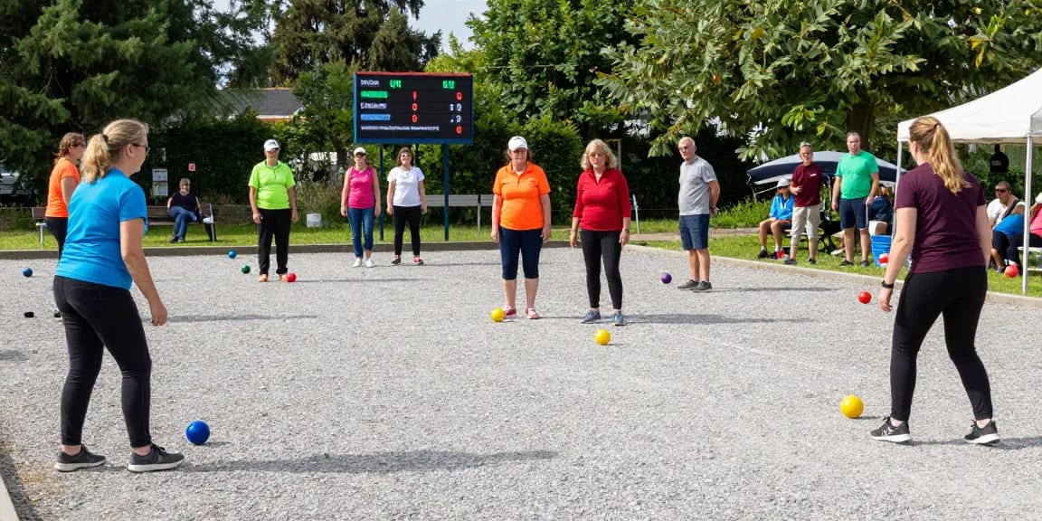 Suasana pertandingan petanque di fopikotapontiana.org dengan pemain bersemangat dan bola warna-warni.
