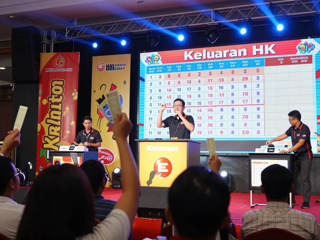 Keluaran HK live draw event with host and audience excitement in a vibrant atmosphere.