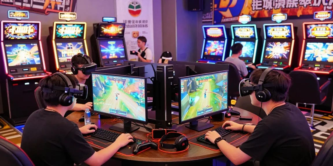 Experience the excitement at 鉅城娛樂城 with engaging online gaming setups and vibrant slot machines in a lively lounge atmosphere.