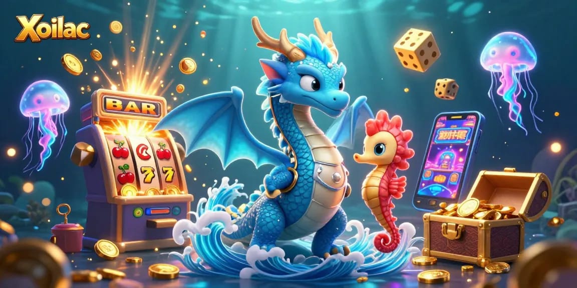 Xoilac offers an immersive casino experience with a vivid water dragon, seahorse knight, and glowing jellyfish in a dynamic gaming scene.