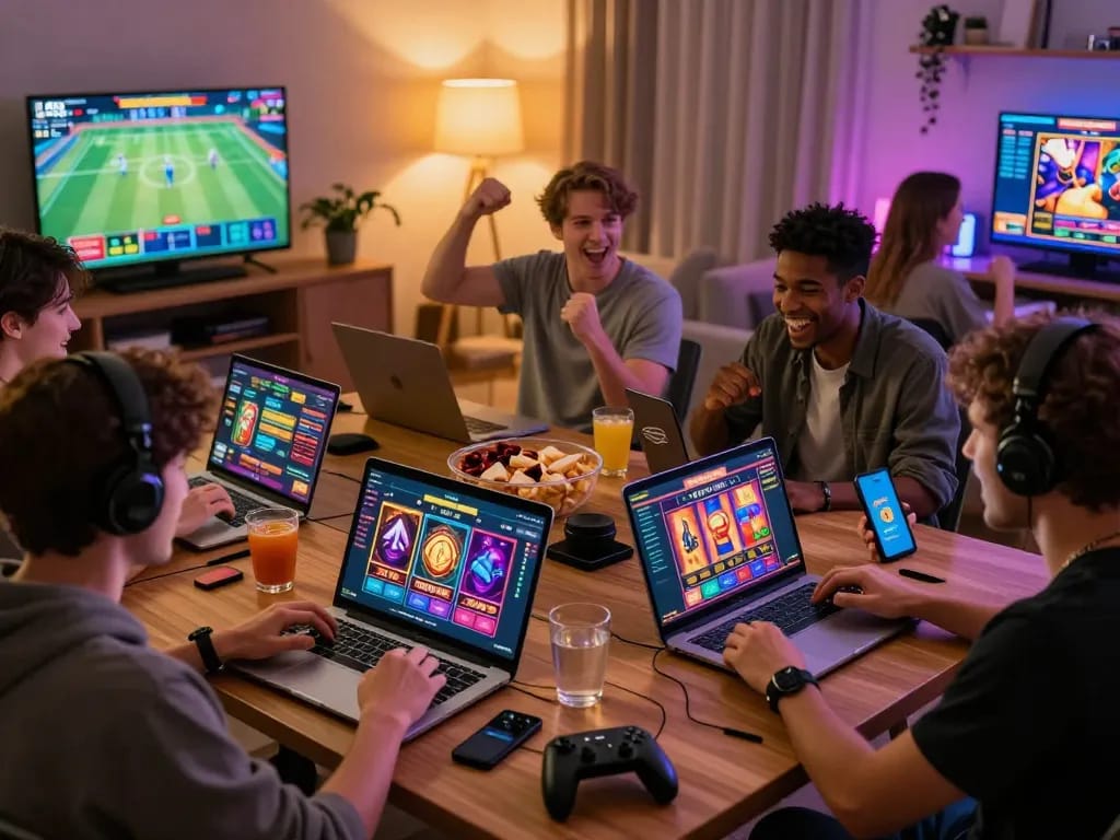 O8 online gaming scene with players engaging in diverse games, vibrant atmosphere highlighting excitement and technology.