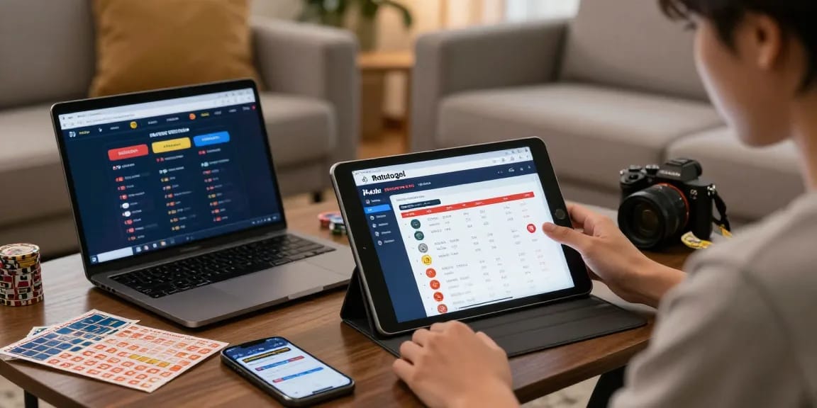 Pengguna Ratutogel sedang menikmati layanan togel online di tablet di ruang tamu yang nyaman.