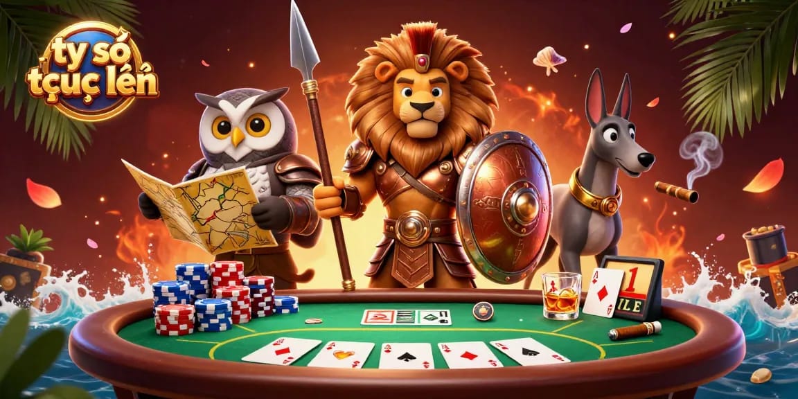 Engage with tỷ số trực tuyến results amidst a dynamic gambling scene with poker elements and vibrant characters.