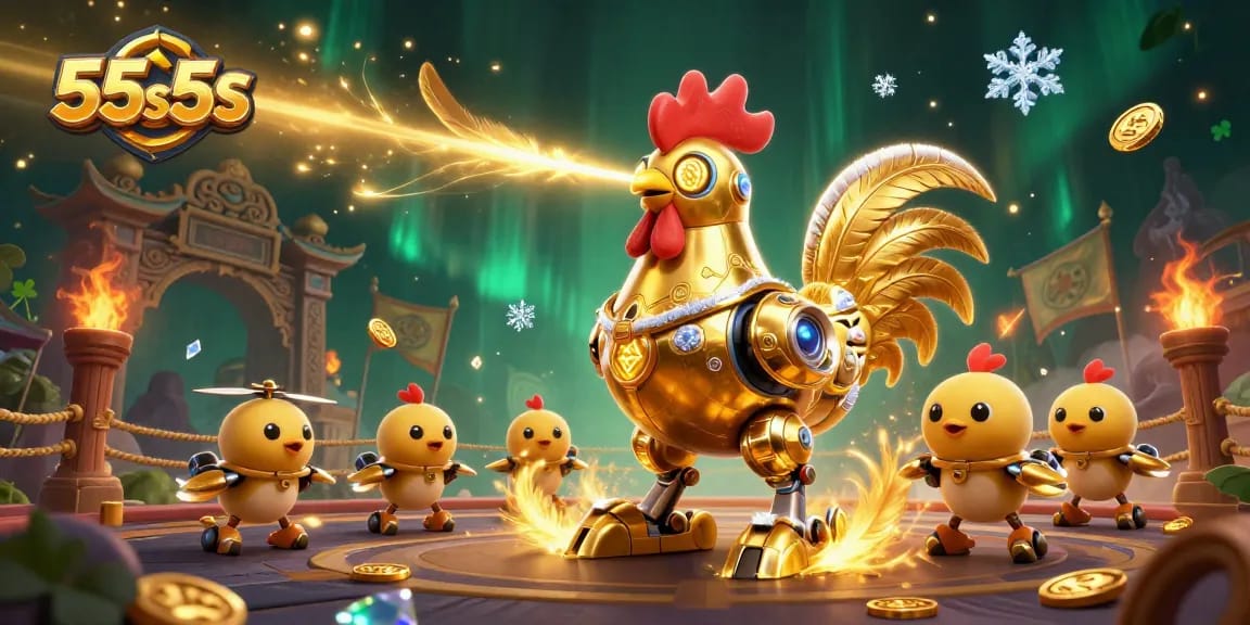 Ilustração 3D incrivelmente detalhada de 55s55s com robô galo dourado e drones, em meio a elementos de cassino