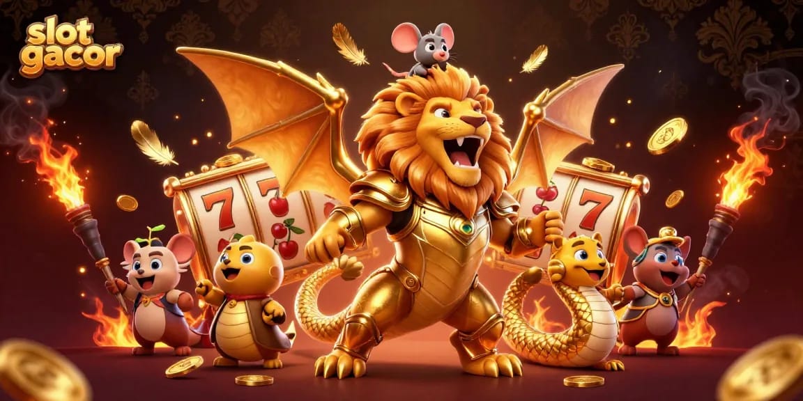 Slot gacor menampilkan chimera raksasa bersinar dengan elemen slot mengelilinginya, menang bahagia.