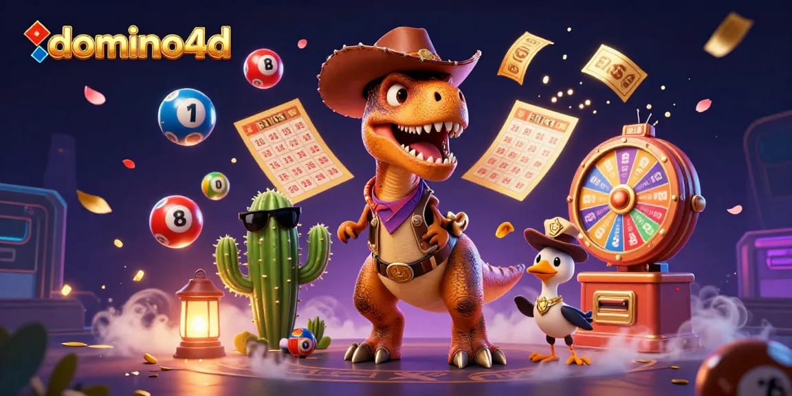 kanvas perjudian dengan domino4d yang menyenangkan, karakter dino cowboy, bola lotere berwarna, dan efek uang