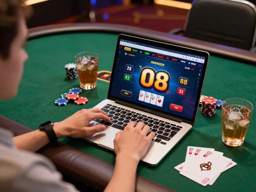 O8 online casino player strategically managing bankroll during a lively game session.
