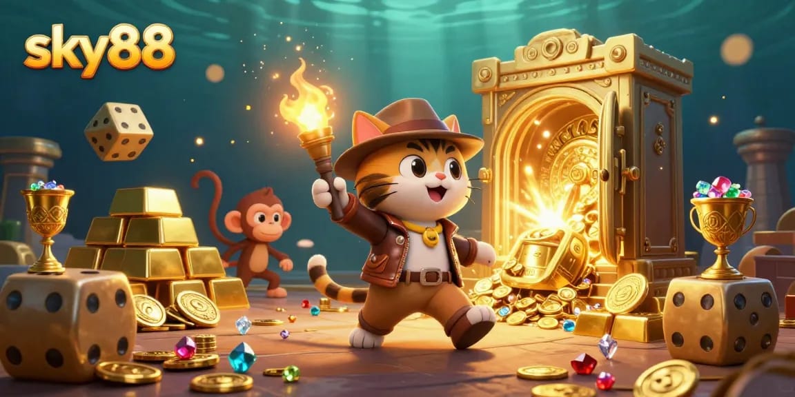 Engage in thrilling adventures with sky88 as an explorer cat finds golden casino treasures.