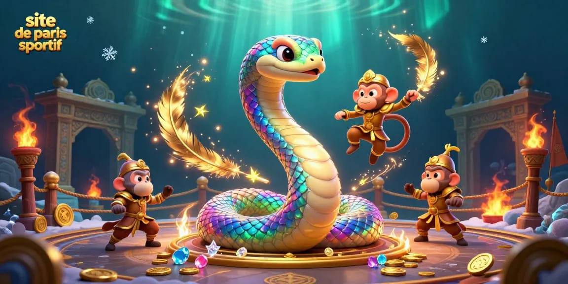 Pariez sur le site de paris sportif en profitant de l'énergie d'une scène colorée avec un serpent et un roi singe.