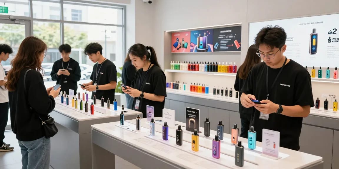 Vibrant vape shop scene showcasing 蒸氣天堂 products and customer interaction in 2026.