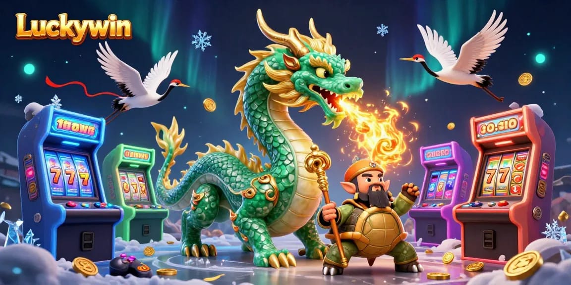 Experience Luckywin's gaming magic with a spectacular 3D dragon and vibrant casino elements.