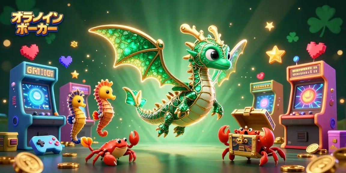 オンラインポーカーの魅力を伝える、豪華な海竜や宝箱、カラフルなゲーム機で彩られた3Dイラスト。