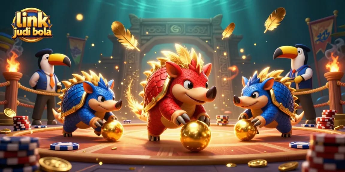 Link judi bola yang menarik saat bertaruh dengan pangolin pemukul dadu dan tumpukan chip kasino.