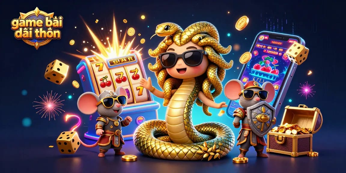 Engage in game bài đổi thưởng with vibrant symbols and a dynamic casino atmosphere featuring Medusa and a brave mouse.