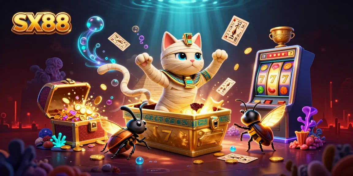 SX88 presents a vibrant casino scene with a mummy cat and glowing elements, bursting with dynamic gameplay.