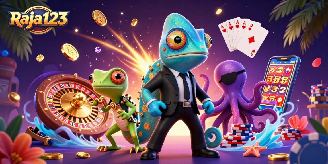 Experience excitement with Raja123 through spinning reels and vibrant casino elements in a dynamic 3D scene.
