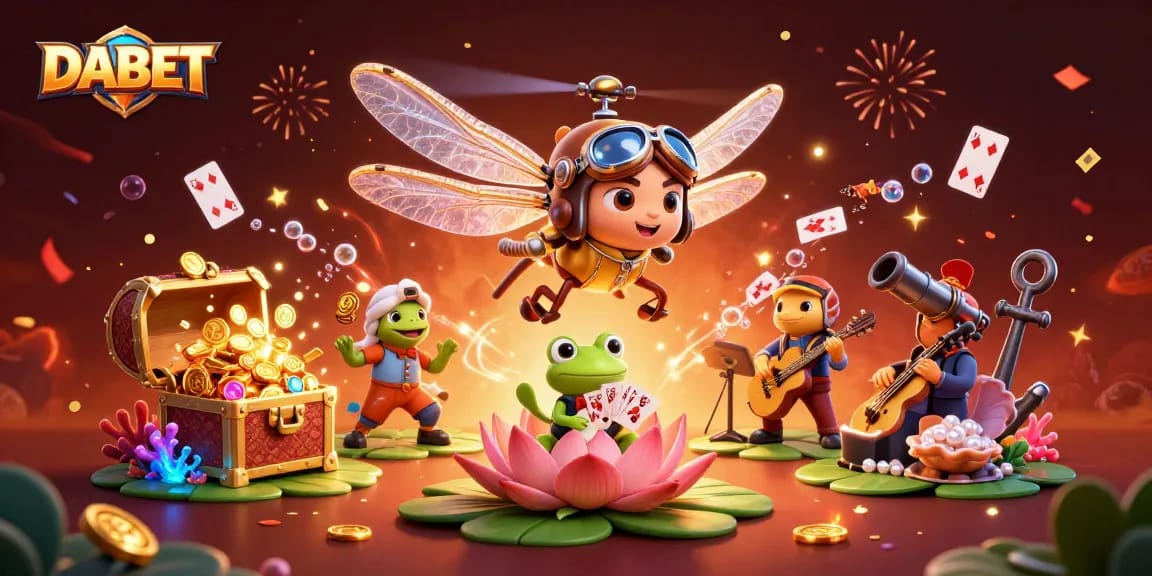 DABET showcases an engaging illustration with a dragonfly pilot above a lily pad casino, highlighting exciting gambling dynamics.