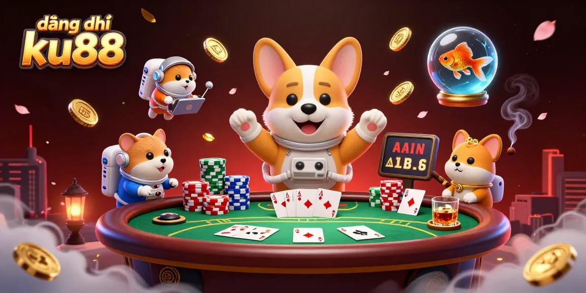 Engage in the thrilling experience of đăng ký ku88 with floating poker chips and vibrant casino elements.