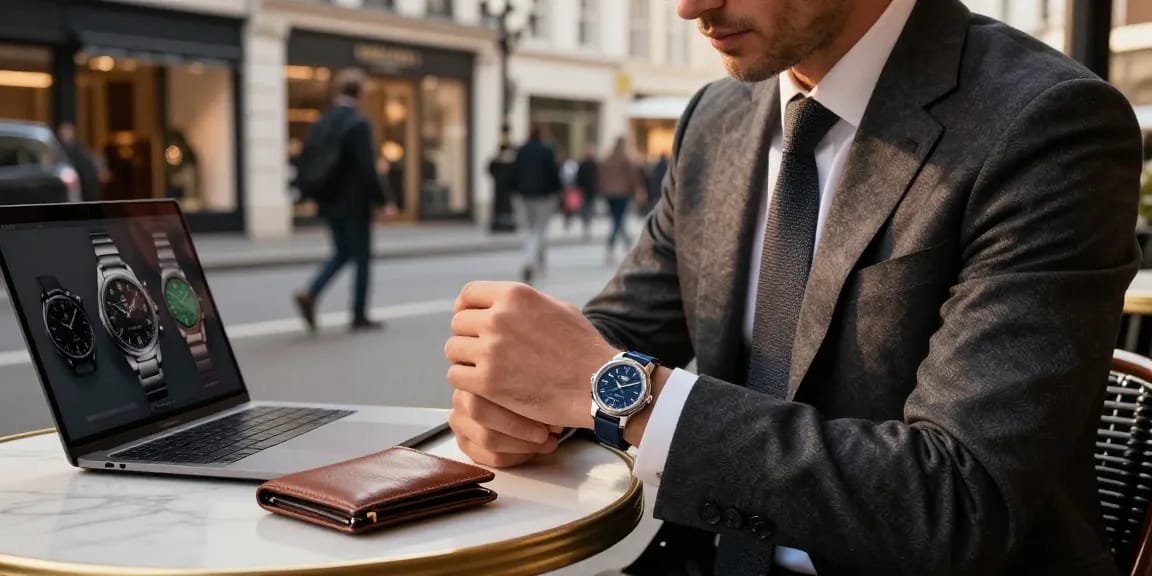 Elegant scene of a man appreciating replica watches at a café, showcasing luxury style and sophistication.