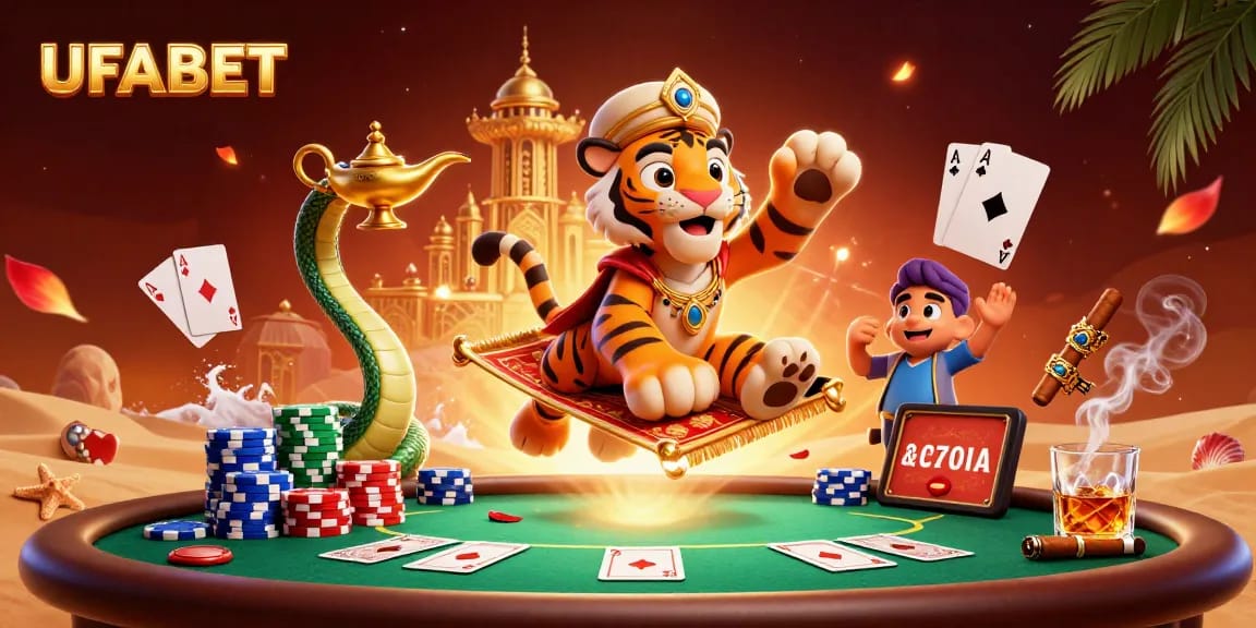 Experience the thrill of UFABET with a vibrant cartoon scene featuring a sultan on a poker chips carpet and a genie.