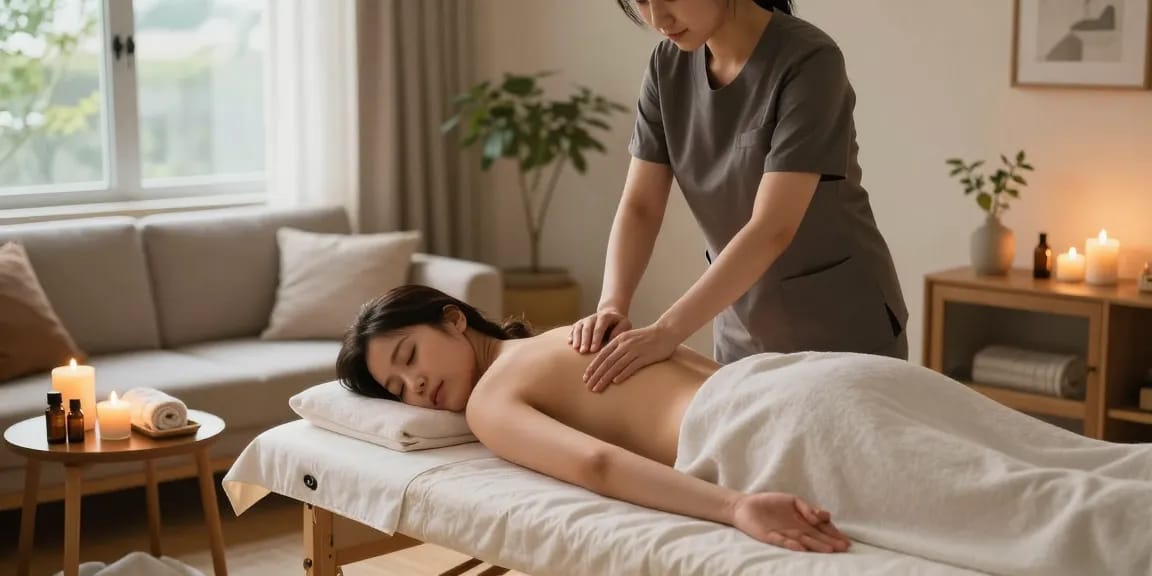 서울출장안마 therapy in a tranquil home setting with soothing ambiance.