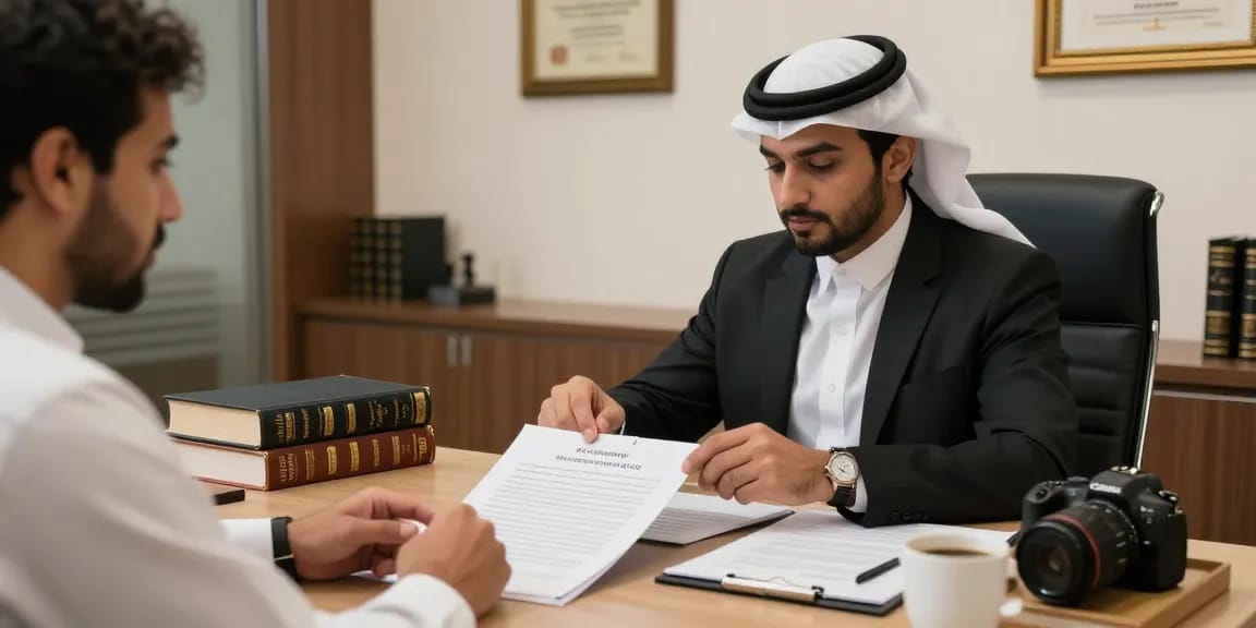 Expert criminal lawyer in Jeddah consulting with a client on legal matters.