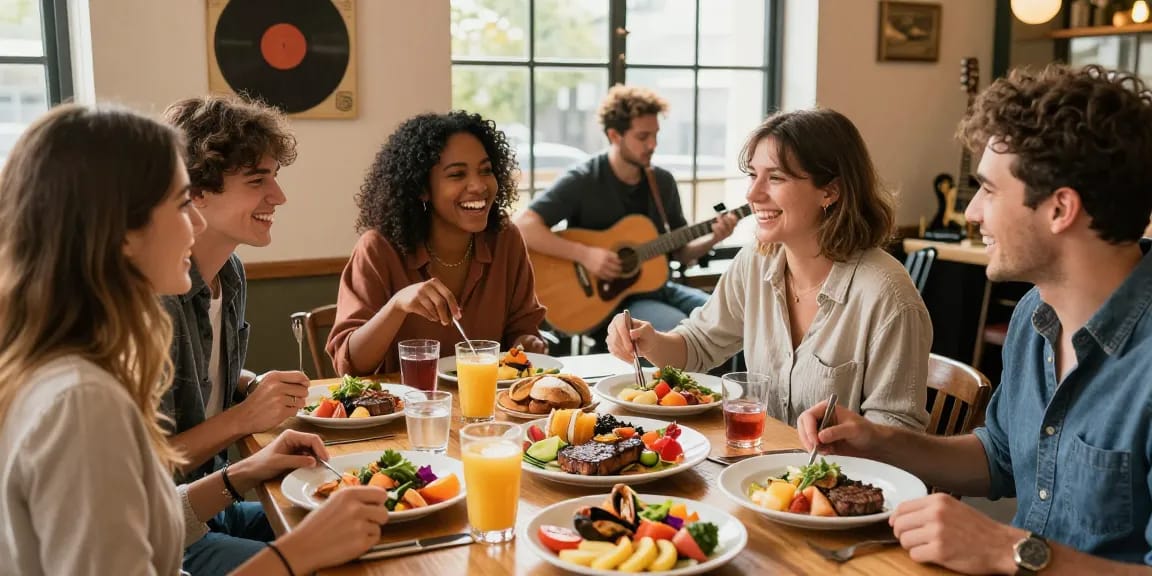 Inviting brunch richmond experience at The Story Café with friends enjoying gourmet dishes in a warm, antique setting.