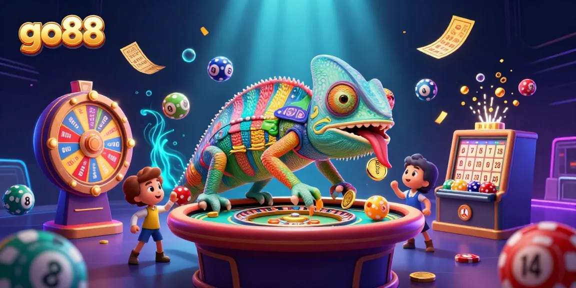 Engage with go88's vibrant gaming scene featuring a chameleon mascot, lottery elements, and exciting casino visuals.