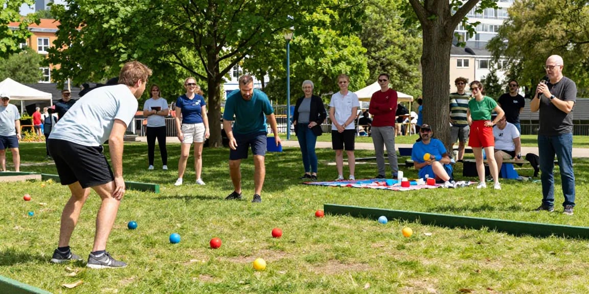 Pertandingan petanque di fopikotabalikpap.org dengan suasana ceria dan pemain aktif.