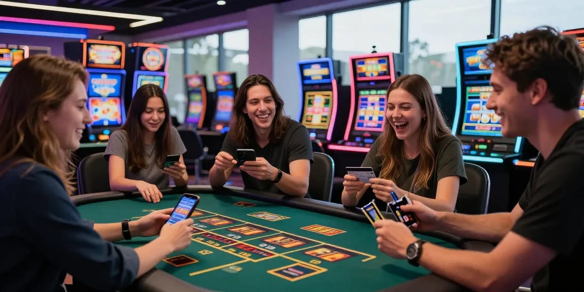 Credit card casinos at https://brcs.co.uk featuring players in an engaging gaming atmosphere with vibrant lights and excitement.