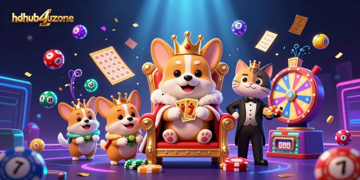 Menangkan permainan di hdhub4uzone dengan ilustrasi 3D corgi bermahkota emas dan berbagai elemen judi ceria.