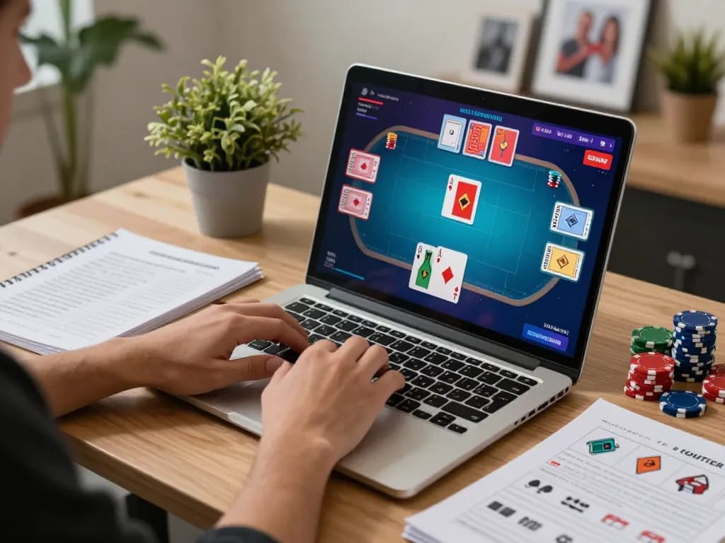 Players strategizing on poker game with 3win casino platform interface visible on laptop.