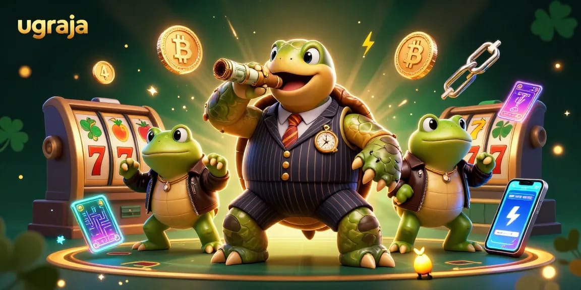 Gameplay menyenangkan di UGRAJA dengan karakter unik dan simbol keberuntungan dalam suasana kasino yang megah.
