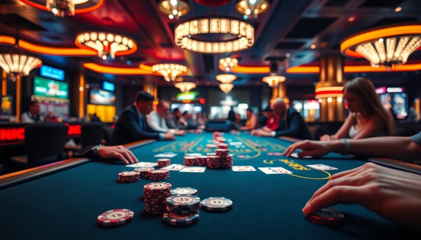Engaging players at a Non Uk Casino 2025 game table featuring vibrant colors and energetic atmosphere.