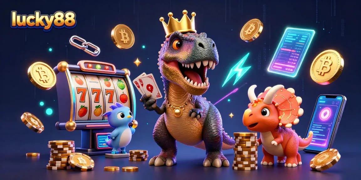 Experience the excitement of lucky88 with vibrant 3D characters and casino elements in this dynamic illustration.